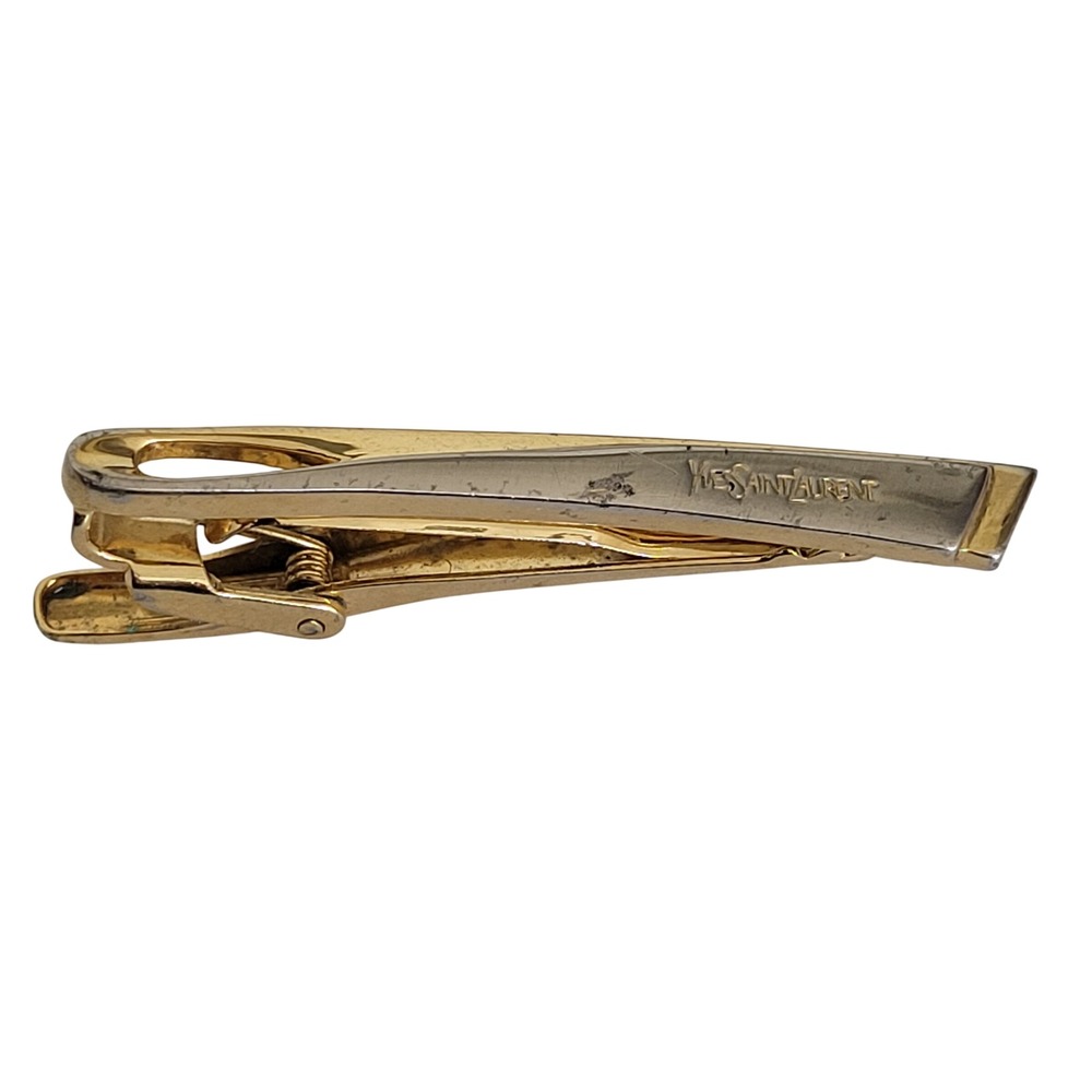 Yves Saint Laurent Vintage Two Tone Gold Silver Logo Tie Clip Mens Accessory